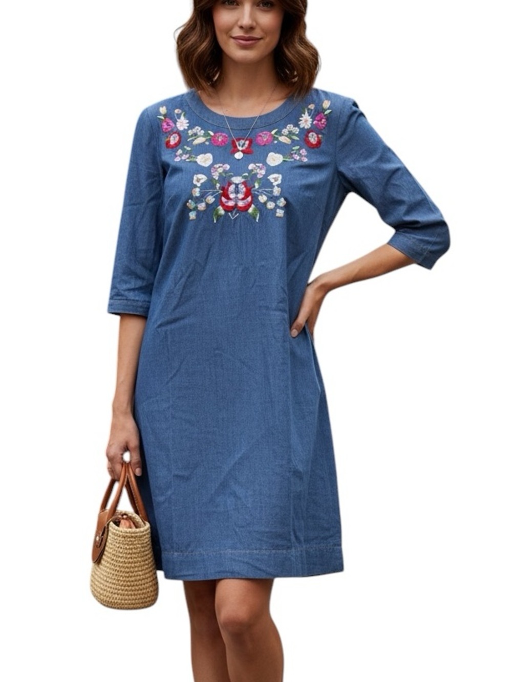 Poem by Oliver Bonas floral embroidered chambray denim shift dress size 10 - Picture 1 of 12